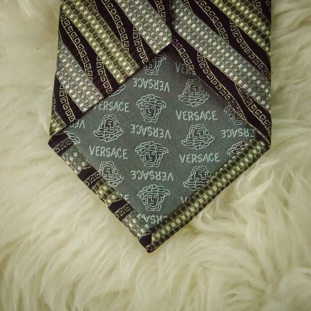 Versace Luxury Designer Silk Black Gray Stripe Print 4 inches Tie Necktie
